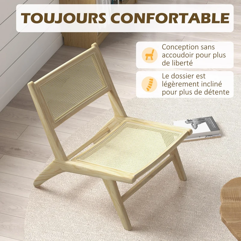 HOMCOM Fauteuil de Salon Relax, Fauteuil Lounge, Design bohème, Structure Bois d'hévéa, Dossier Assise cannage, Assise Profonde, pour Salon/Chambre, Naturel