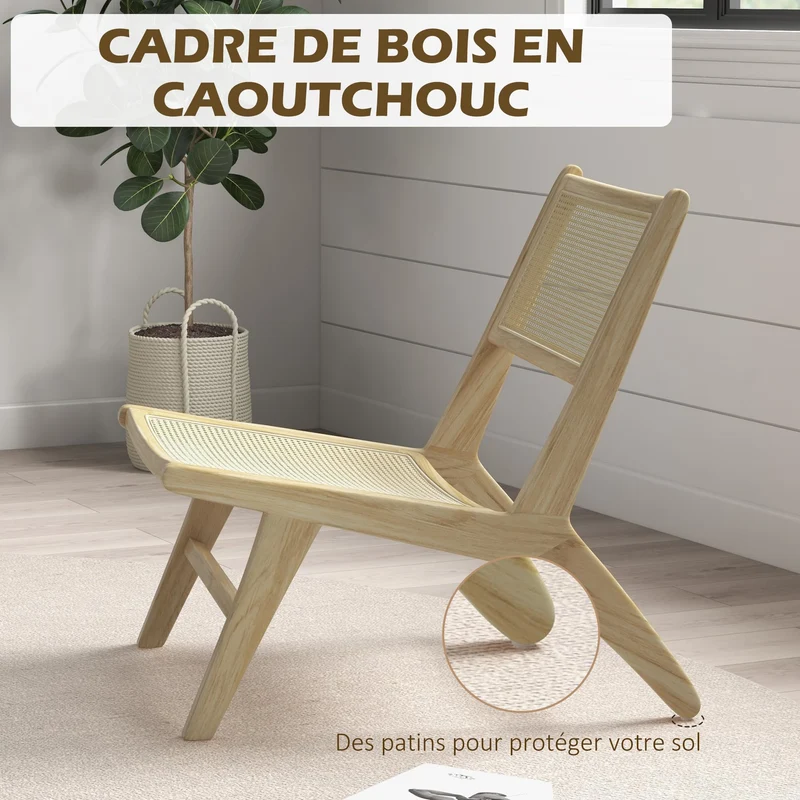 HOMCOM Fauteuil de Salon Relax, Fauteuil Lounge, Design bohème, Structure Bois d'hévéa, Dossier Assise cannage, Assise Profonde, pour Salon/Chambre, Naturel