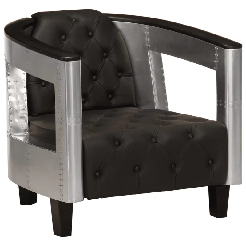 vidaXL Fauteuil en Style d'Aviation Chaise de Chambre à Coucher Siège de Salon Meuble Mobilier de Salon Maison Intérieur Salle de Séjour Noir Cuir Véritable