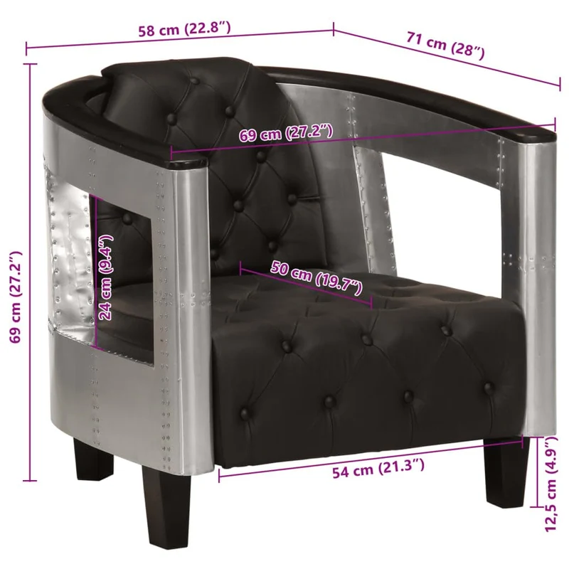 vidaXL Fauteuil en Style d'Aviation Chaise de Chambre à Coucher Siège de Salon Meuble Mobilier de Salon Maison Intérieur Salle de Séjour Noir Cuir Véritable