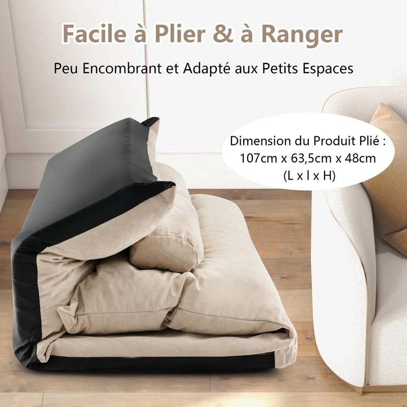 COSTWAY Canapé-lit Paresseux Pliable, Canapé Convertible avec Dossier Réglable à 42 Positions, Chauffeuse avec 2 Oreillers, Sofa pour Salon, Chambre, Balcon, Beige