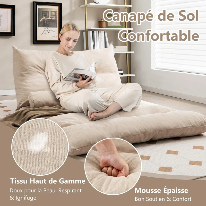 COSTWAY Canapé-lit Paresseux Pliable, Canapé Convertible avec Dossier Réglable à 42 Positions, Chauffeuse avec 2 Oreillers, Sofa pour Salon, Chambre, Balcon, Beige