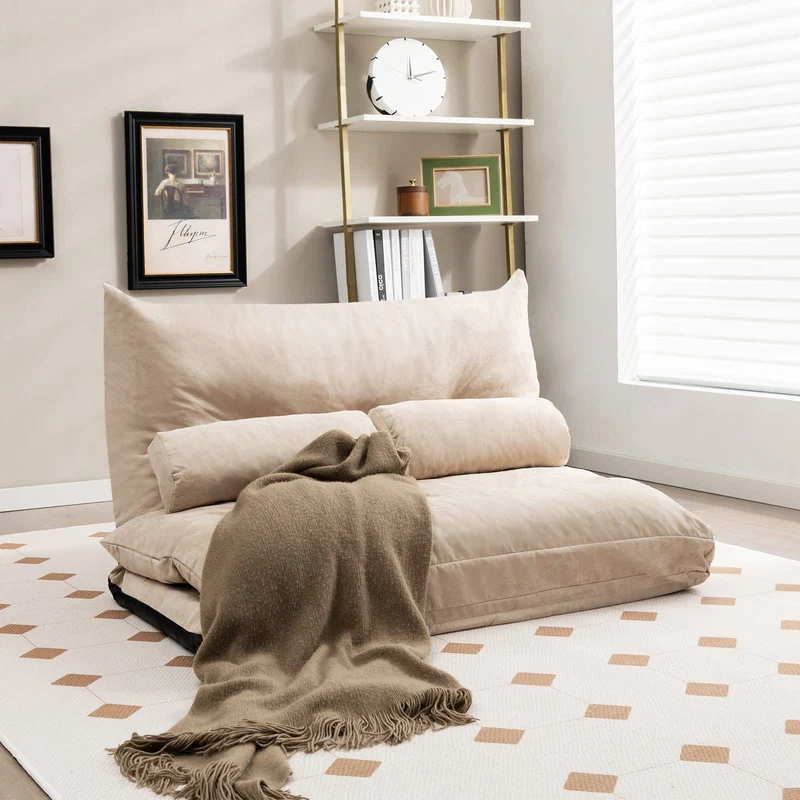 COSTWAY Canapé-lit Paresseux Pliable, Canapé Convertible avec Dossier Réglable à 42 Positions, Chauffeuse avec 2 Oreillers, Sofa pour Salon, Chambre, Balcon, Beige