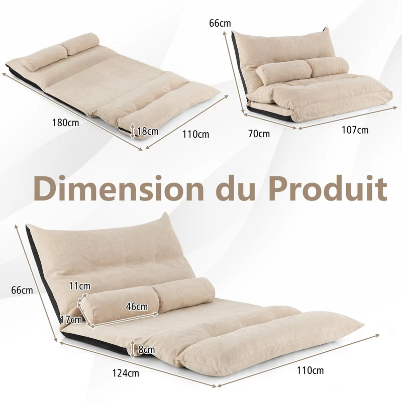 COSTWAY Canapé-lit Paresseux Pliable, Canapé Convertible avec Dossier Réglable à 42 Positions, Chauffeuse avec 2 Oreillers, Sofa pour Salon, Chambre, Balcon, Beige