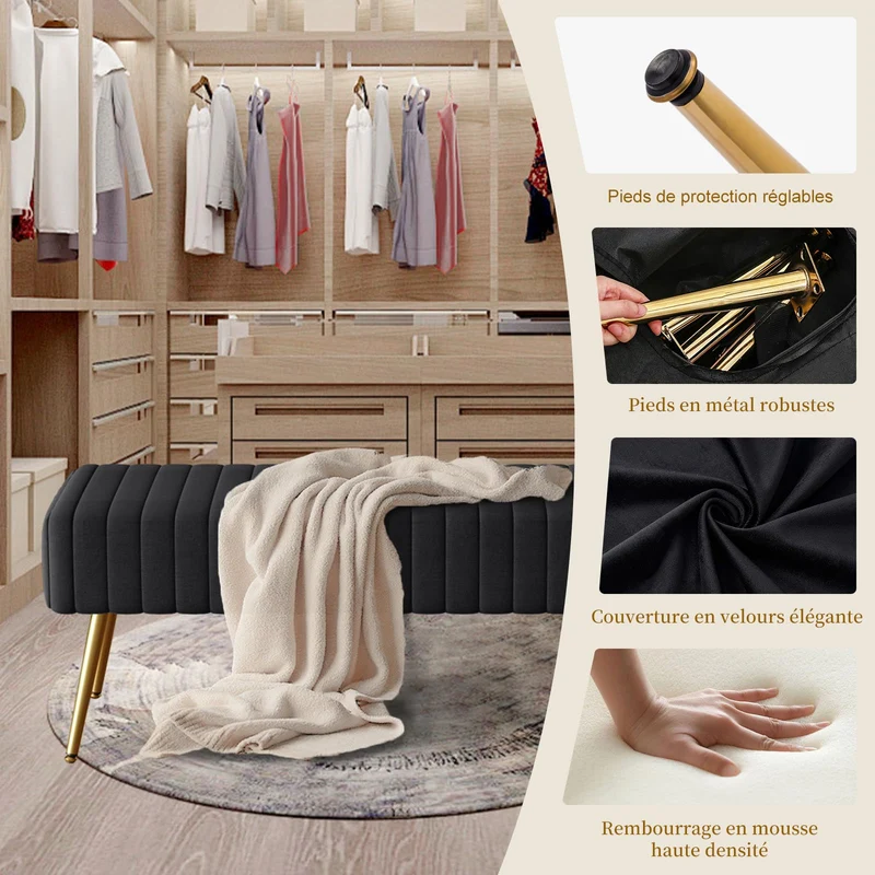 Ckaff Banc Bout de Lit Banquette, Banc d' Entrée Capitonnée Assise Rembourré en Velours 113.5x36.5x43cm avec Pieds en Métal pour Entrée Salon Chambre à Coucher, Noir