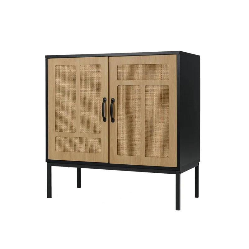 GOPLUS Armoire de Rangement, Buffet avec 2 Portes en Rotin Naturel, Étagère Réglable en 3 Positions, Pieds Métalliques, Kits Antibasculement, Meuble Autonome pour Cuisine, Salle à Manger (Noir)