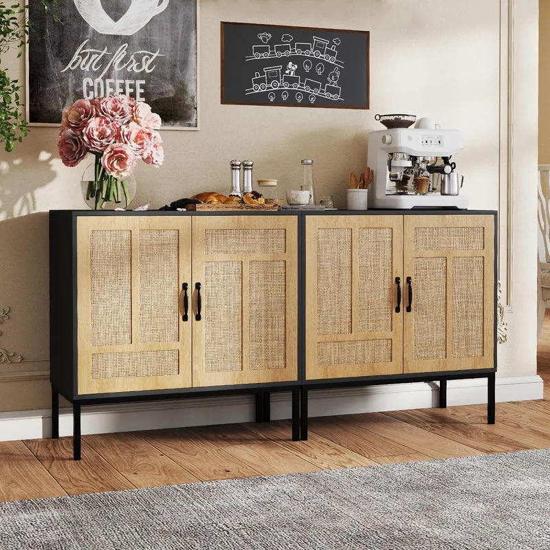 GOPLUS Armoire de Rangement, Buffet avec 2 Portes en Rotin Naturel, Étagère Réglable en 3 Positions, Pieds Métalliques, Kits Antibasculement, Meuble Autonome pour Cuisine, Salle à Manger (Noir)