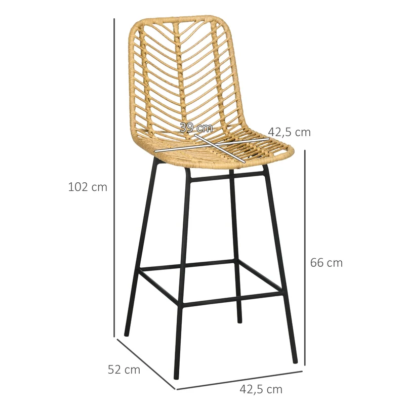 HOMCOM Lot de 2 tabourets de Bar Chaise de Bar Design bohème Hauteur 66 cm avec Repose-Pieds métal et Dossier cannage - Naturel