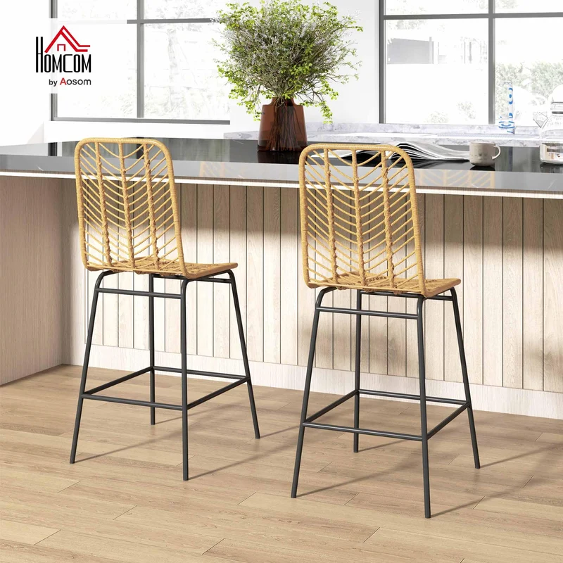 HOMCOM Lot de 2 tabourets de Bar Chaise de Bar Design bohème Hauteur 66 cm avec Repose-Pieds métal et Dossier cannage - Naturel