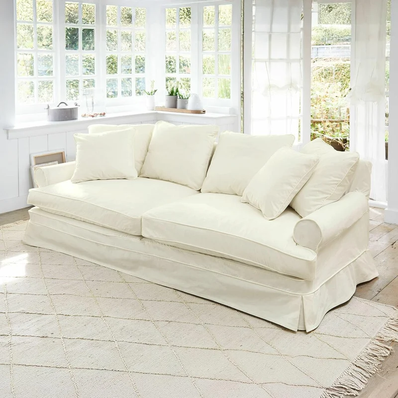 Loberon Larchwood Charmant canapé style maison de campagne, housses amovibles et lavables, rembourrage doux, avec six coussins, siège, canapé, bois de chêne, lin