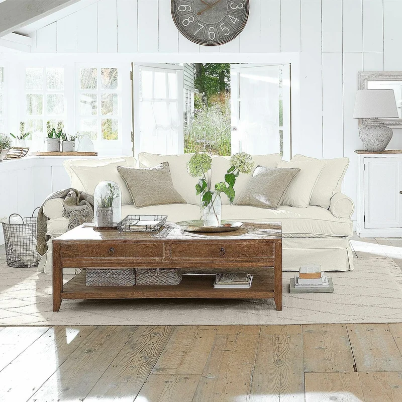 Loberon Larchwood Charmant canapé style maison de campagne, housses amovibles et lavables, rembourrage doux, avec six coussins, siège, canapé, bois de chêne, lin