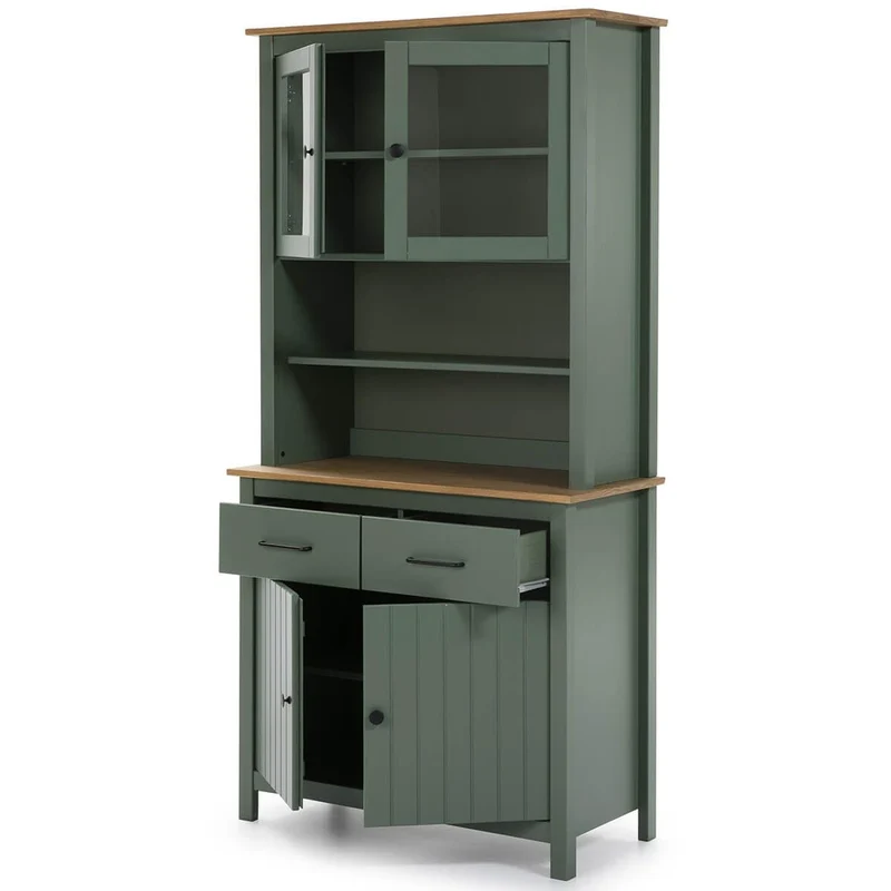 AltoBuy Tina - Buffet Haut 4 Portes 2 Tiroirs Bois Ciré et Vert