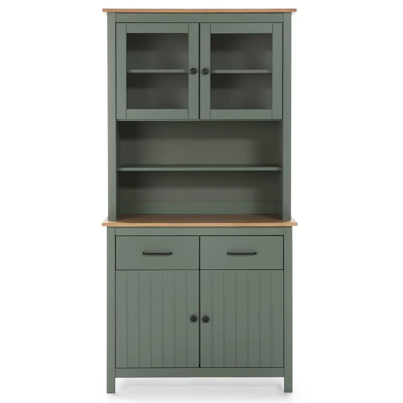 AltoBuy Tina - Buffet Haut 4 Portes 2 Tiroirs Bois Ciré et Vert