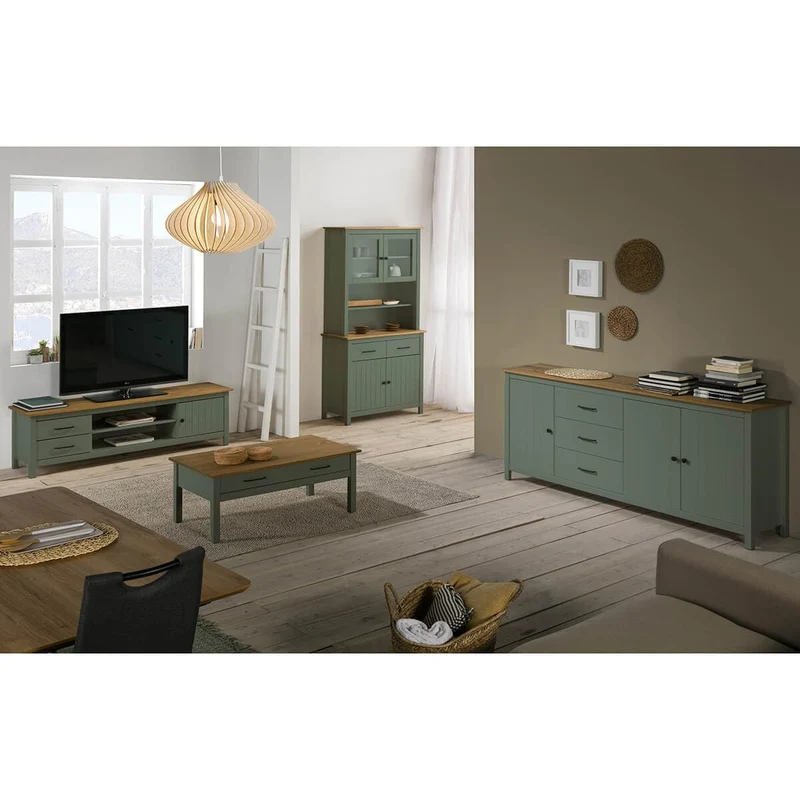 AltoBuy Tina - Buffet Haut 4 Portes 2 Tiroirs Bois Ciré et Vert