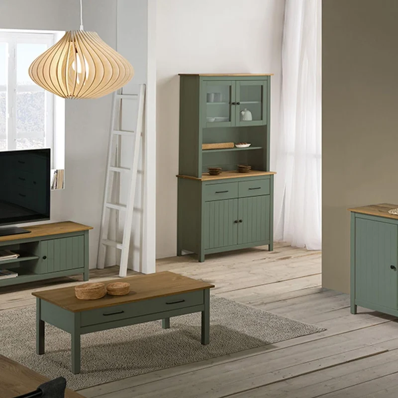 AltoBuy Tina - Buffet Haut 4 Portes 2 Tiroirs Bois Ciré et Vert