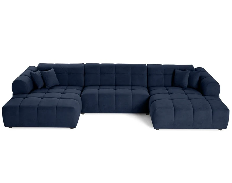 Lisa Design - Ray - canapé panoramique en U 7 Places en Tissu texturé, Bleu