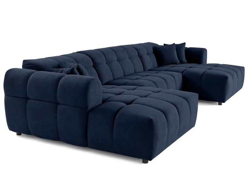 Lisa Design - Ray - canapé panoramique en U 7 Places en Tissu texturé, Bleu