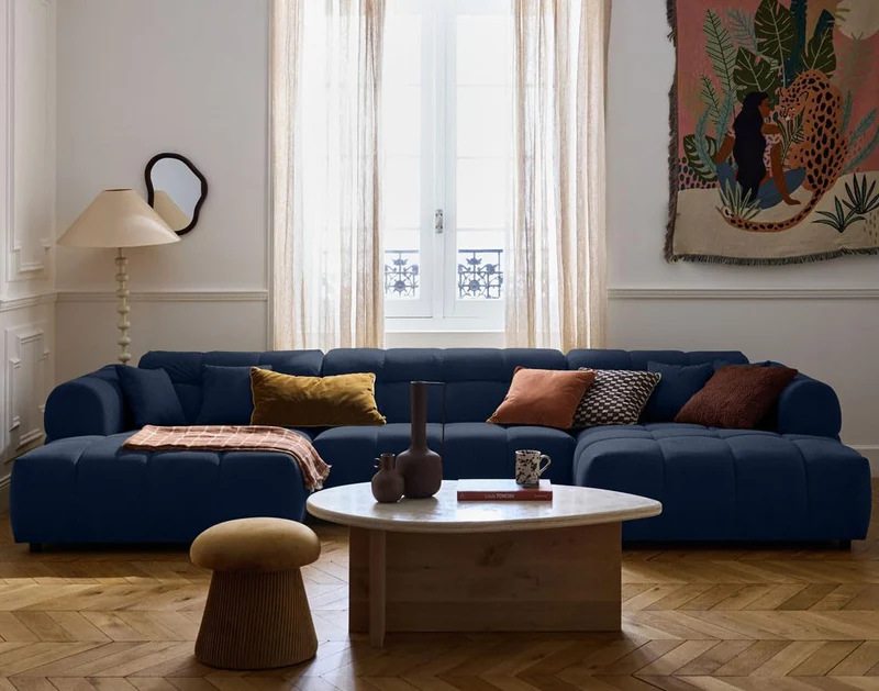 Lisa Design - Ray - canapé panoramique en U 7 Places en Tissu texturé, Bleu