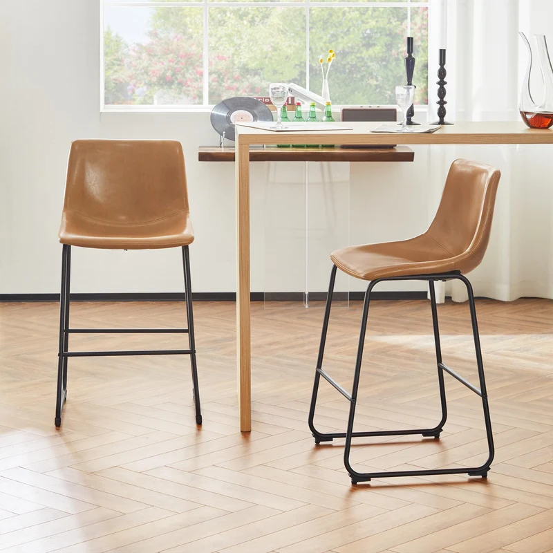 EUGAD Tabouret de Bar en Similicuir, Lot de 2, Siège Rembourré, Chaise Haute Cuisine, avec Dossier, Pieds en Métal, avec Repose-Pieds, Marron, 1071BY-2