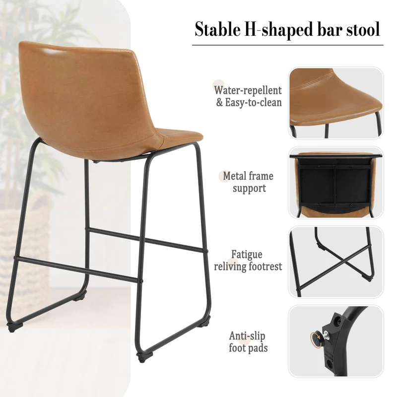 EUGAD Tabouret de Bar en Similicuir, Lot de 2, Siège Rembourré, Chaise Haute Cuisine, avec Dossier, Pieds en Métal, avec Repose-Pieds, Marron, 1071BY-2