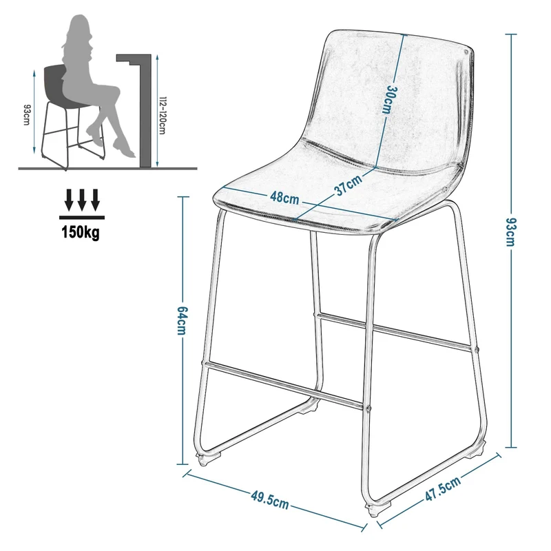 EUGAD Tabouret de Bar en Similicuir, Lot de 2, Siège Rembourré, Chaise Haute Cuisine, avec Dossier, Pieds en Métal, avec Repose-Pieds, Marron, 1071BY-2