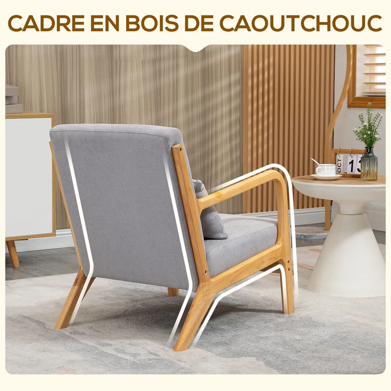 HOMCOM Fauteuil de Salon avec Cadre en Bois Massif Fauteuil Lounge - Assise Profonde - accoudoirs - Aspect Velours Gris