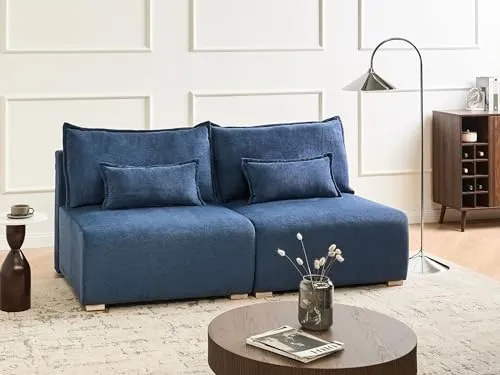 Beliani Canapé Modulable Minimaliste en Tissu 3 Places Fonction Couchage Espace de Rangement Bleu Nerbo