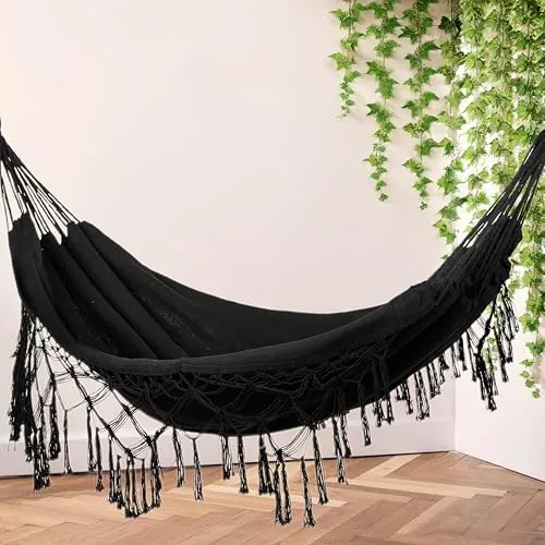 Hamac Suspendu - 200 x 150 cm - Hamac de Camping et Jardin Confortable - 250kg Capacité de Charge - 1-2 Personnes pour Intérieur, Balcon, Extérieur (Noir)
