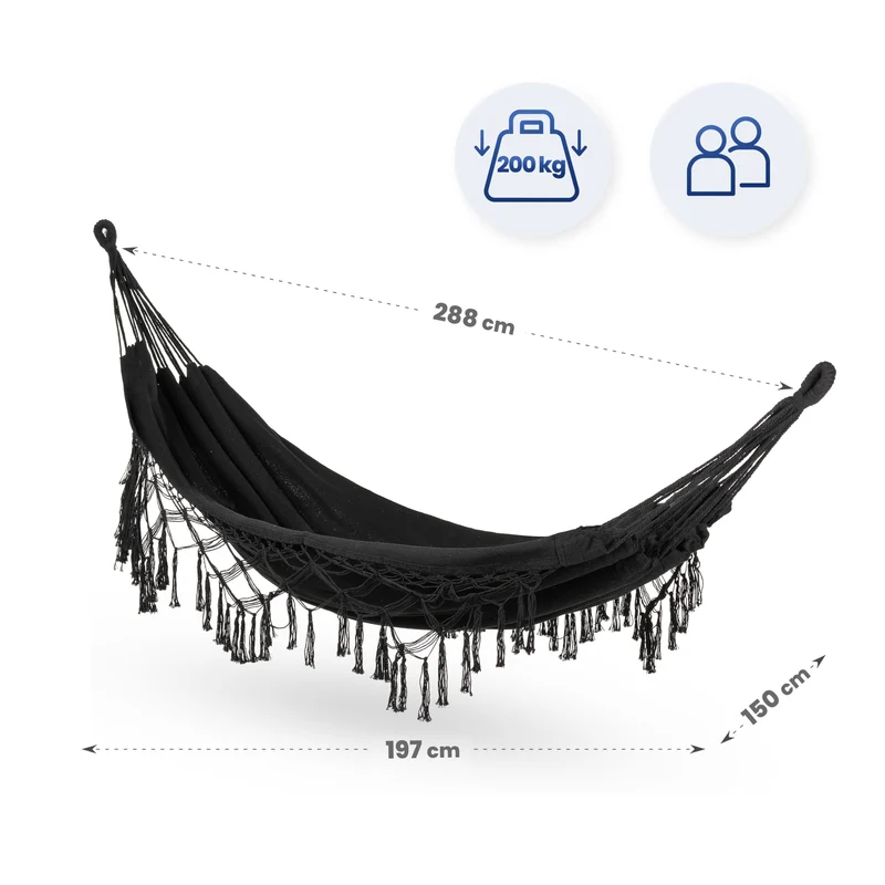Hamac Suspendu - 200 x 150 cm - Hamac de Camping et Jardin Confortable - 250kg Capacité de Charge - 1-2 Personnes pour Intérieur, Balcon, Extérieur (Noir)