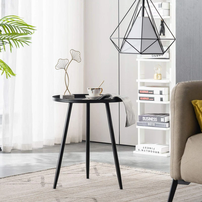 YOUDENOVA Table d'appoint, ronde, en métal, petite, basse, décorative, moderne, trépied en acier tubulaire, diamètre : 40,5 x 50 cm, pour salon, noire