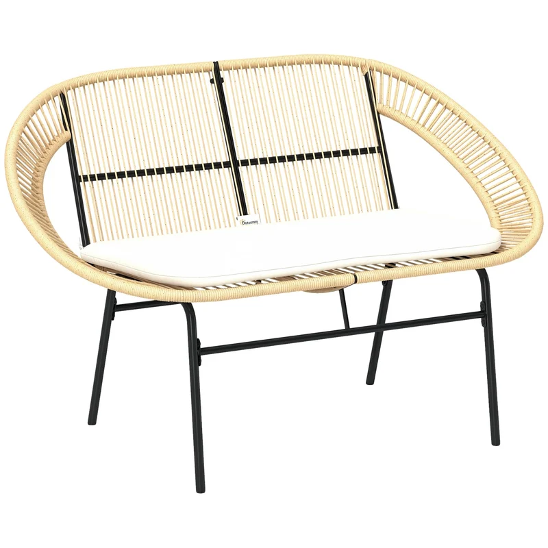 Outsunny Banc de Jardin 2 Places Style Acapulco, Banc Extérieur en Acier avec Dossier et Coussin, Banquette de Jardin pour Balcon Terrasse Patio, 126 x 72 x 83 cm, Kaki