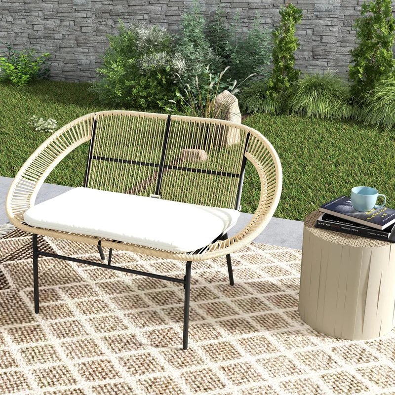 Outsunny Banc de Jardin 2 Places Style Acapulco, Banc Extérieur en Acier avec Dossier et Coussin, Banquette de Jardin pour Balcon Terrasse Patio, 126 x 72 x 83 cm, Kaki
