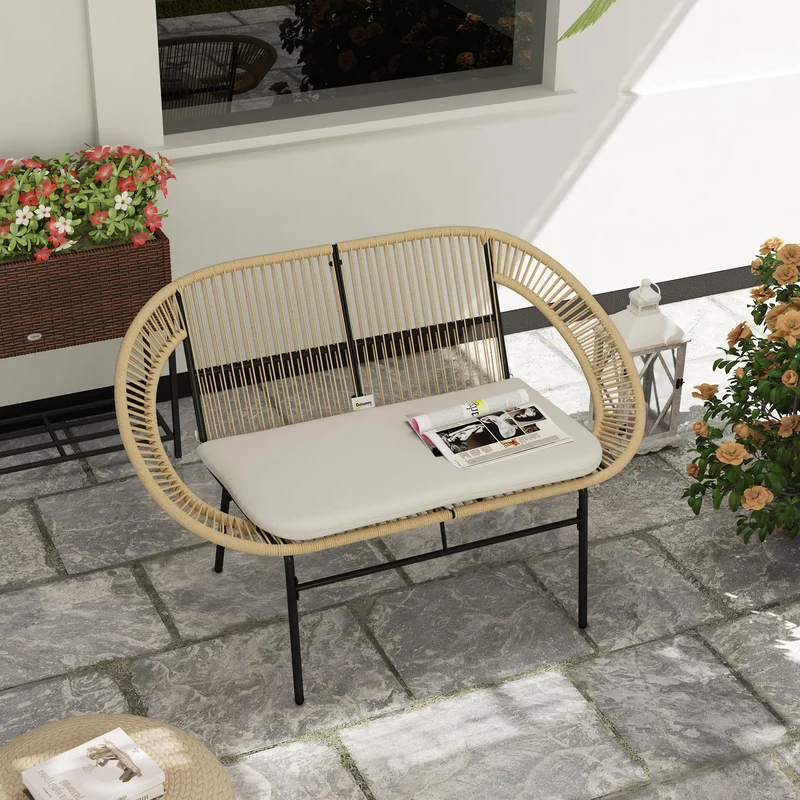 Outsunny Banc de Jardin 2 Places Style Acapulco, Banc Extérieur en Acier avec Dossier et Coussin, Banquette de Jardin pour Balcon Terrasse Patio, 126 x 72 x 83 cm, Kaki