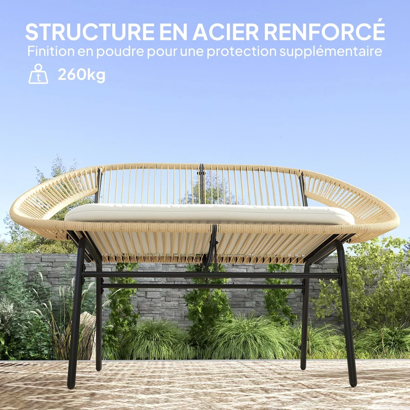 Outsunny Banc de Jardin 2 Places Style Acapulco, Banc Extérieur en Acier avec Dossier et Coussin, Banquette de Jardin pour Balcon Terrasse Patio, 126 x 72 x 83 cm, Kaki