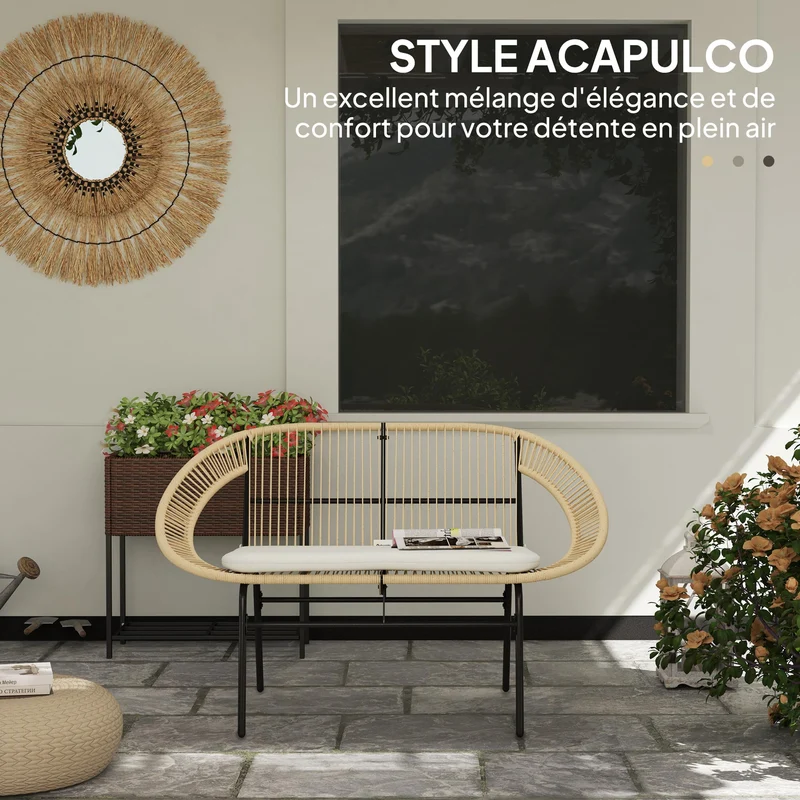 Outsunny Banc de Jardin 2 Places Style Acapulco, Banc Extérieur en Acier avec Dossier et Coussin, Banquette de Jardin pour Balcon Terrasse Patio, 126 x 72 x 83 cm, Kaki