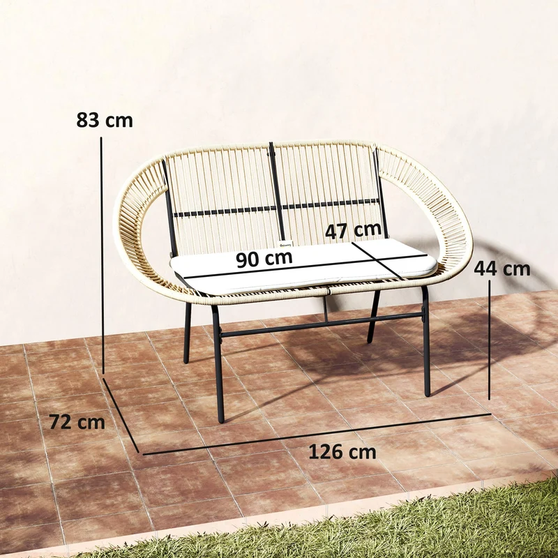 Outsunny Banc de Jardin 2 Places Style Acapulco, Banc Extérieur en Acier avec Dossier et Coussin, Banquette de Jardin pour Balcon Terrasse Patio, 126 x 72 x 83 cm, Kaki