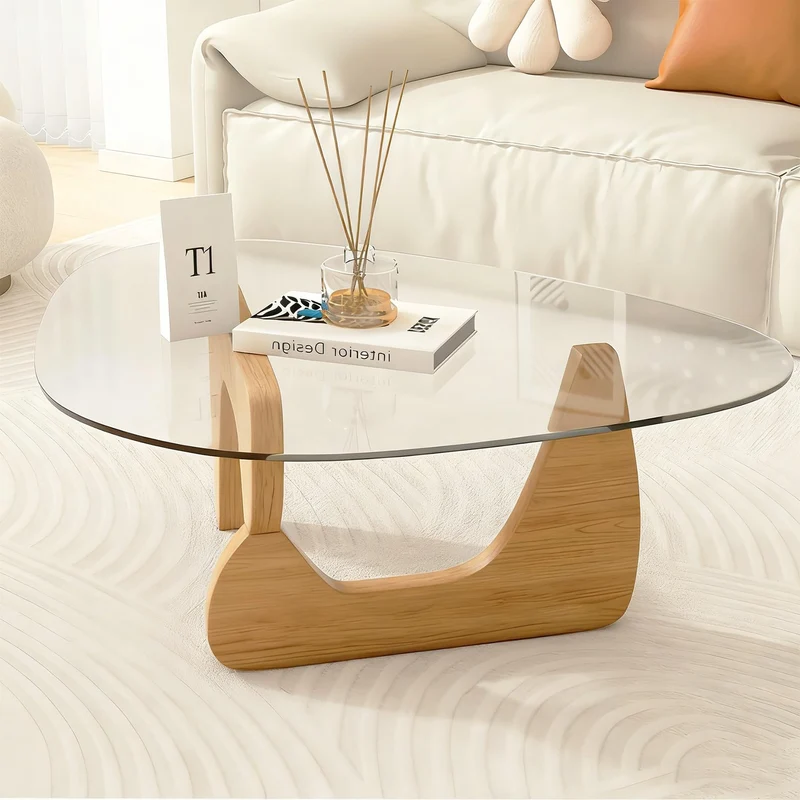 Générique Table Basse, Vintage Ovale Petite Table Basse Pas Cher-Moderne Tables d Appoint, avec Piètement en Bois Massif et Plateau en Verre Trempé, pour Salon, Bureau, 82×65×40cm