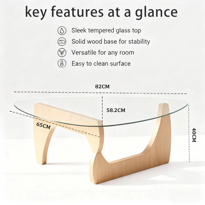 Générique Table Basse, Vintage Ovale Petite Table Basse Pas Cher-Moderne Tables d Appoint, avec Piètement en Bois Massif et Plateau en Verre Trempé, pour Salon, Bureau, 82×65×40cm