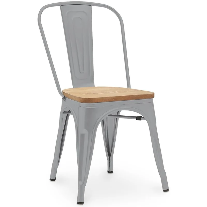 Iconik Interior Tolix Style Chaise de Salle à Manger - Design Industriel - Acier et Bois - Nouvelle édition - Stylix Gris Clair