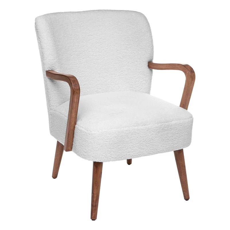 Atmosphera Créateur d'Intérieur - Fauteuil Chiara Bouclette Blanc Rétro Vintage Hévéa Accoudoirs Semi-Ferme Enveloppant pour Salon, Bureau, Chambre