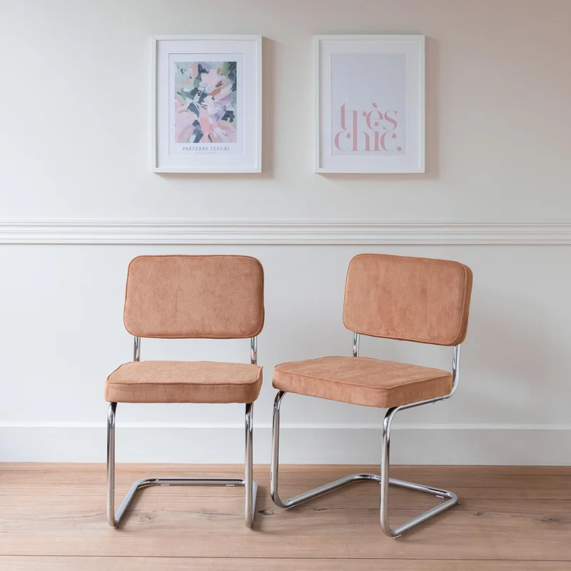 Happy Garden Lot de 2 chaises Cantilever Maria en Velours côtelé Terracotta, Rembourrage Mousse, Structure en Acier Gris - Design Moderne, Allure Vintage, chaises Table à Manger, Bureau et Chambre