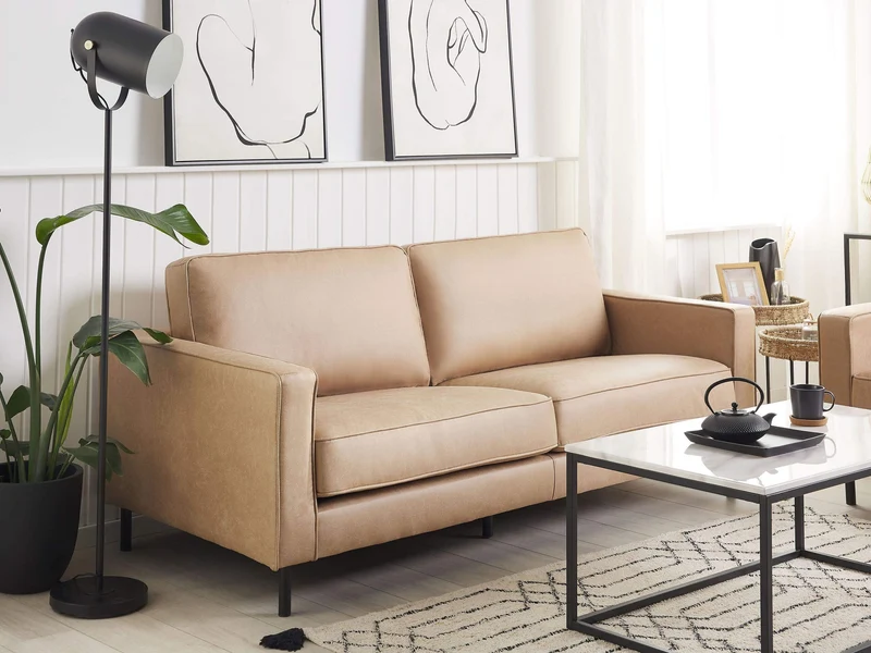 Beliani Canapé Fixe 3 Places en Cuir PU Beige Confort Optimal pour Salon au Design Moderne