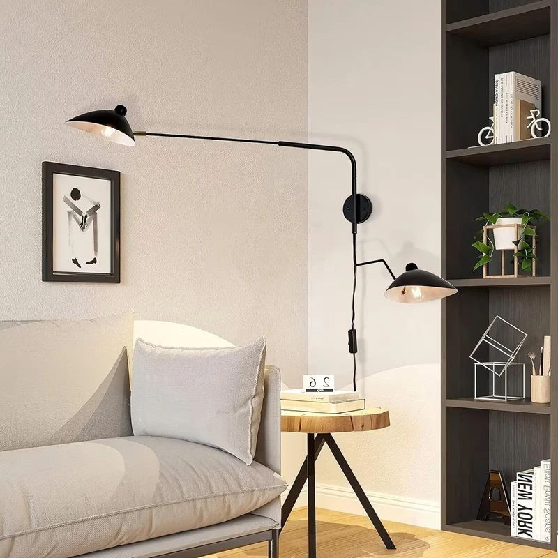 DESHOME Applique Murale avec Bras Articulé de Prise Noir 120cm Lampe Murale Industrielle Vintage Intérieur Longue Lumière Murale avec Câble et Interrupteur, pour Salon/Chevet/Bureau/Chambre d'Enfant