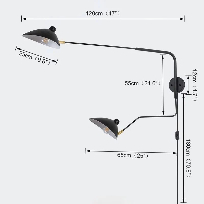 DESHOME Applique Murale avec Bras Articulé de Prise Noir 120cm Lampe Murale Industrielle Vintage Intérieur Longue Lumière Murale avec Câble et Interrupteur, pour Salon/Chevet/Bureau/Chambre d'Enfant