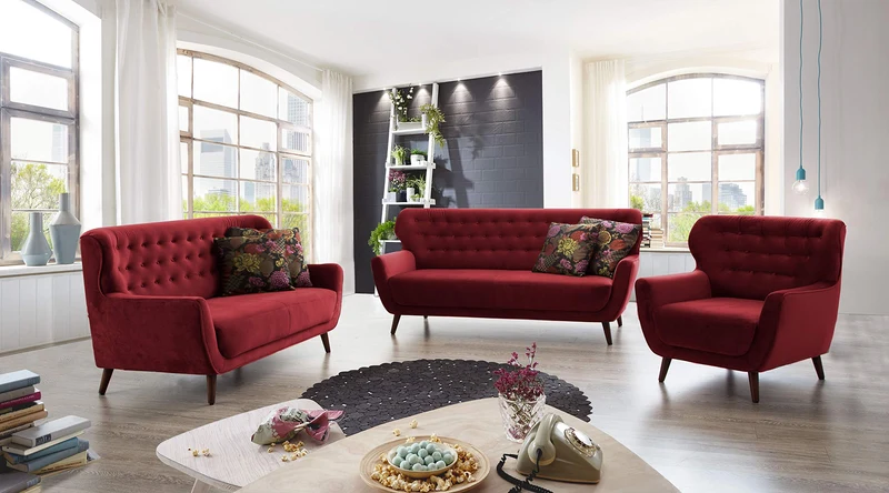 Cavadore Abby Fauteuil avec Capitonnage à Boutons, Style Rétro, Aspect Velours , 87 x 89 x 88 cm, Rouge
