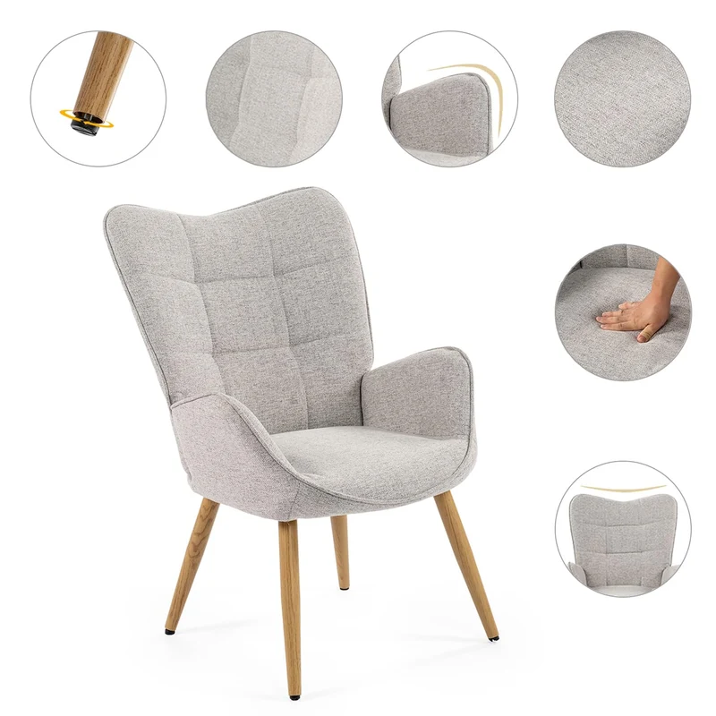 MEUBLE COSY Lot de 2 Fauteuil de Salon Chambre Scandinave Chaise Coiffeuse avec Accoudoirs et Assise Épais Pied Bois Massif Rembourré en Tissu Gris