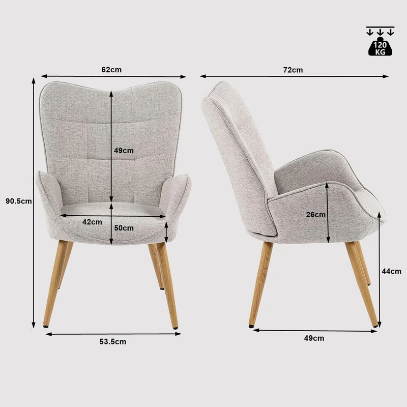 MEUBLE COSY Lot de 2 Fauteuil de Salon Chambre Scandinave Chaise Coiffeuse avec Accoudoirs et Assise Épais Pied Bois Massif Rembourré en Tissu Gris