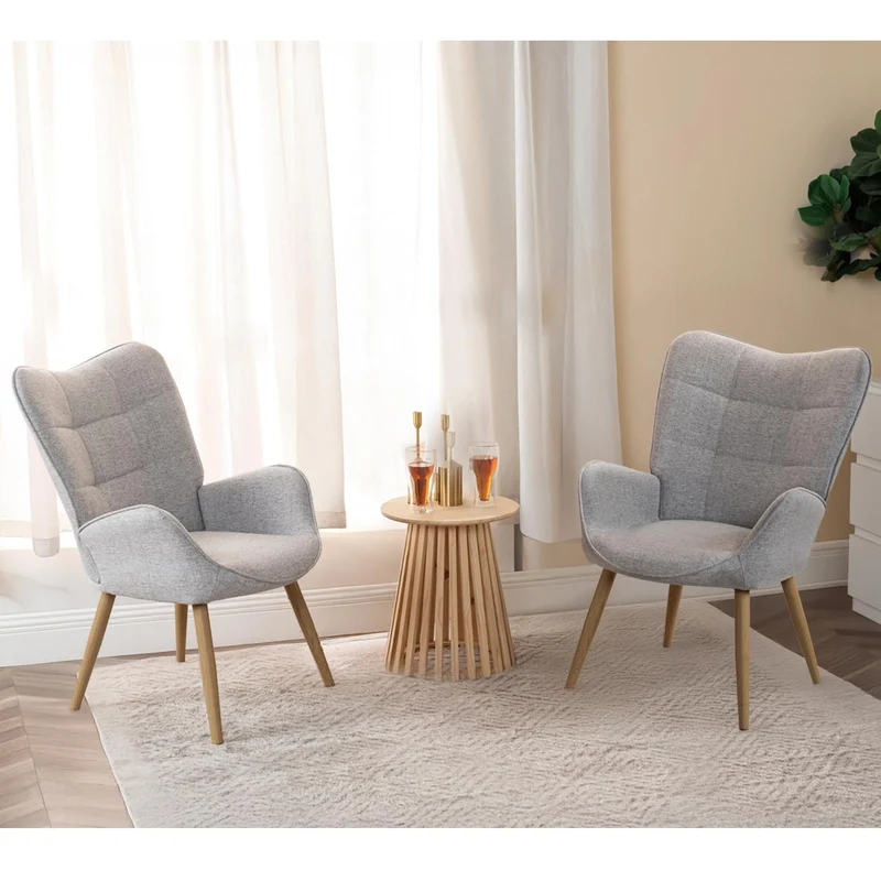 MEUBLE COSY Lot de 2 Fauteuil de Salon Chambre Scandinave Chaise Coiffeuse avec Accoudoirs et Assise Épais Pied Bois Massif Rembourré en Tissu Gris