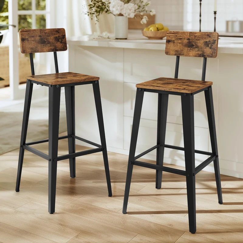 VASAGLE Tabouret Bar Industriel, Lot de 2, Chaise Bar Cuisine, avec Dossier, Cadre en Acier, Montage Facile, Style Industriel, Marron Rustique et Noir d'encre LBC078B01