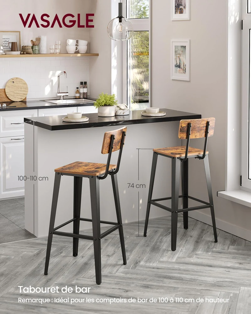 VASAGLE Tabouret Bar Industriel, Lot de 2, Chaise Bar Cuisine, avec Dossier, Cadre en Acier, Montage Facile, Style Industriel, Marron Rustique et Noir d'encre LBC078B01